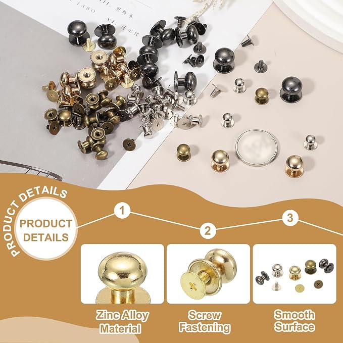 PATIKIL 9 mm Leather Rivets, 20 Sets Ball Head Stud Screw Back Round Head Button Chicago Screw Nipple Stud Rivet for Leather DIY Craft Handbag Belt Repairs, Gold Tone