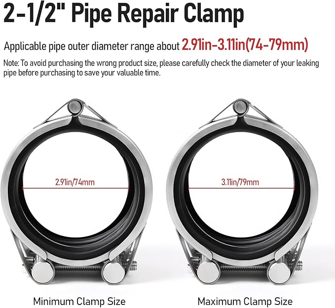 Upgraded Pipe Repair Clamp with M1 Self-Adhesive Leak-Sealing Tape | 304 Stainless Steel Rust-Proof Emergency Pipe Repair Kit for Plastic & Metal Pipes, 2-1/2"(74-79mm)