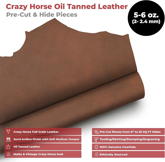 ELW Crazy Horse Leather 5-6 OZ (2-2.4mm) | Bourbon Brown | Pre-Cut 15-18 SQ FT | Full Grain Cowhide Handmade Leather for DIY, Crafts, Sheaths, Sewing, Workshop