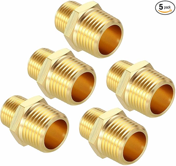 Pack of 5, 1/2" MNPT To 3/8" MNPT Solid Brass Hex Nipple Hose Connectors W/Sealing Tapes, Male Pipe Adapter for Pipe Leak Repair, Bathroom Remodeling, Tool Extension, Compression