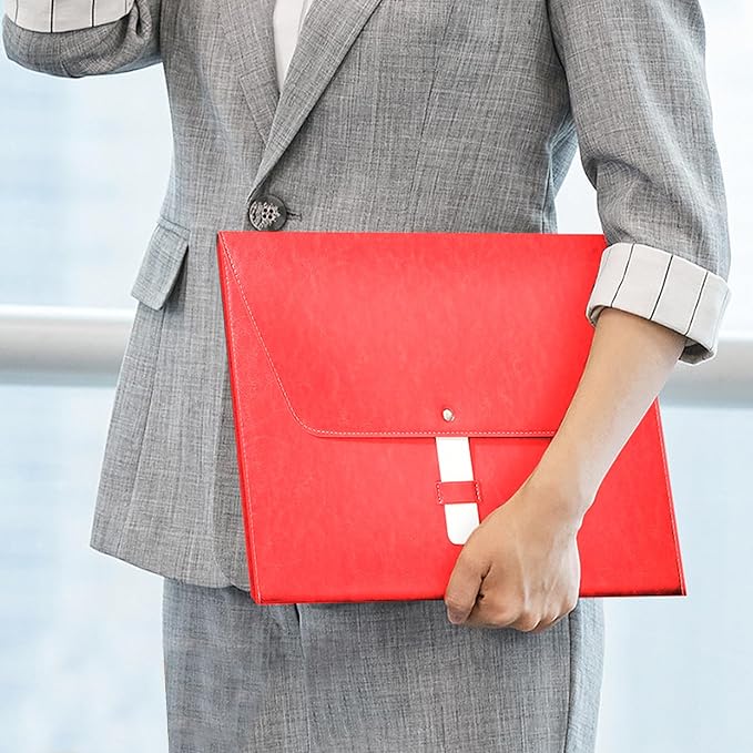PU Leather A4 File Folder Large Document Holder Waterproof Envelope Folder Case with Handmade Closure (Red)