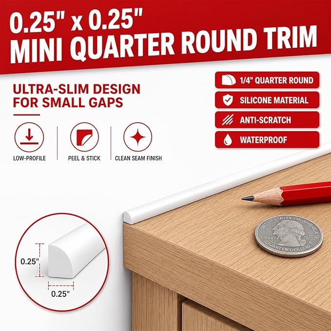 0.25" x 0.25" Mini Quarter Round Molding,20FT Self Adhesive Flexible Trim for Small Gaps, Countertop Wall Seam, Window Sill, Desk & Cabinet Edge, Peel and Stick Finishing Strip