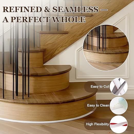 Flexible Quarter Round Molding (20 Ft / 240 Inch) - Waterproof Self-Adhesive Silicone Trim for Floor Gaps & Bathtubs, Easy No-Tool Installation, Paint-Free Gap Cover