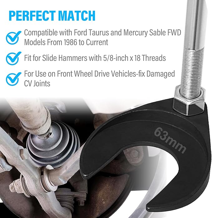 63mm Inner CV Axle Puller Removal Tool with Nut, Front Wheel Drive Axle Pulley Attachment, CV Joint Fork Adapter Fits Slide Hammers with 5/8"-18 Threads, CV Joint Axle Removing Tool