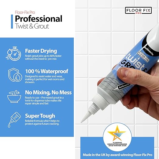 Floor-Fix Pro Twist & Grout Repair Kit – Premixed Waterproof Grout Repair & Grout Paint Pen Alternative – Fast Tile Grout Reviver for Bathroom, Shower & Kitchen – Crack-Resistant (White, 8.8 Fl Oz)
