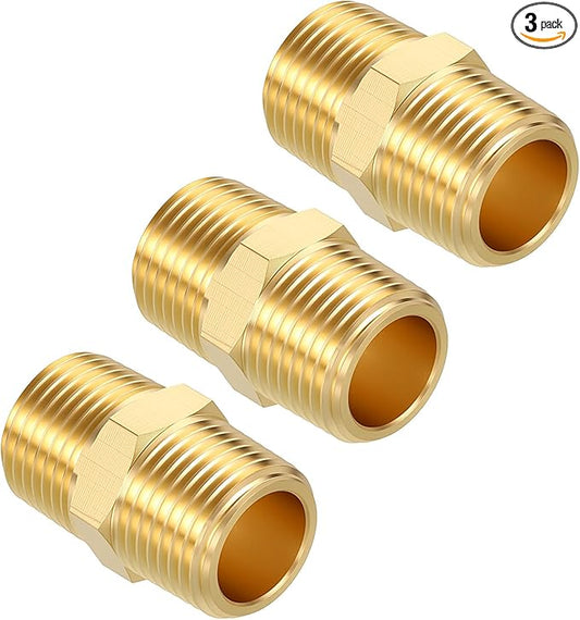 Pack of 3, 3/8" NPT Male to 3/8" NPT Male Solid Brass Hex Nipple Hose Connectors, Male Pipe Adapter for Pipe Leak Repair, Bathroom Remodeling, Tool Extensions, Compression