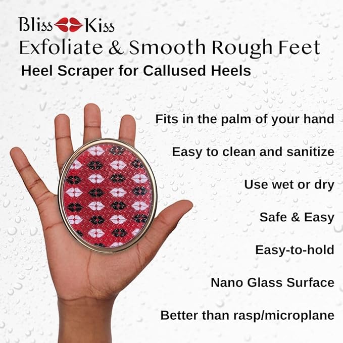 Bliss Kiss Callus Remover for Feet Nano Glass Pumice Stone for Feet, Hard Skin Foot File w/Easy Grip-No Slip Handle, Heel Scraper for Cracked Heels, Pedicure Tools for Feet, Foot Scraper