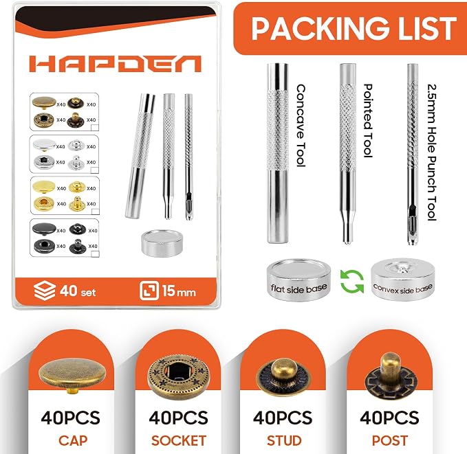 Leather Snaps and Fasteners Kit，12.5mm 40 Sets Metal Snap Buttons with Setter Tools， Sewing Snaps for Clothing，Fabric，Leather, Clothes, Jackets, Bags, DIY Crafting（Bronze）