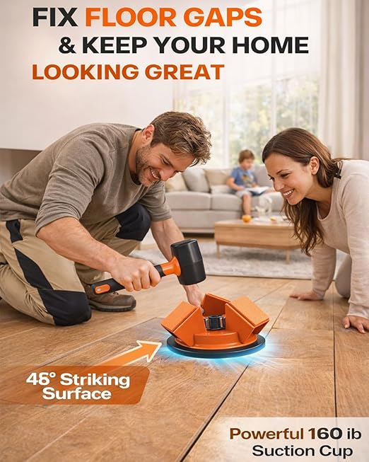 Floor Gap Fixer Tool 45° Striking Surface Pro, Laminate Flooring Repair Suction Cup Vinyl Plank Heavy Duty Iron Grabber Reusable Kit with Sticky Pads Cutter for Wood Tile Lvp Floating(#A-2pcs)