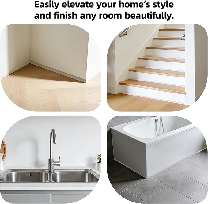 20Ft Quarter Round Trim L-Shaped Bendable Silicone Self-Adhesive Peel and Stick Molding for Floor Edge, Wall Corner, Stairs, Cabinet & Tub, White
