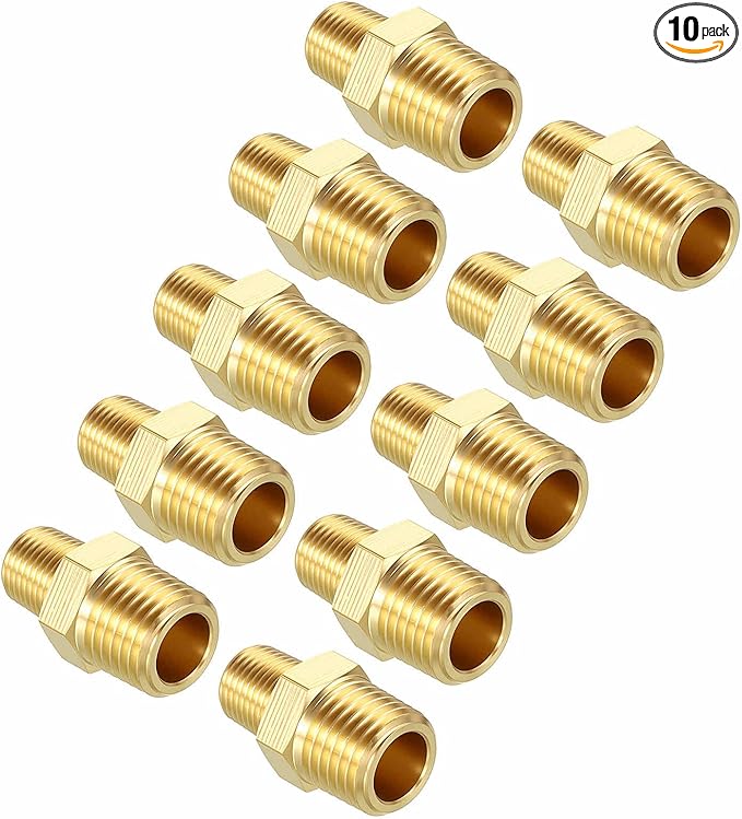 Pack of 10, 1/4" MNPT To 1/8" MNPT Solid Brass Hex Nipple Hose Connectors W/Sealing Tapes, Male Pipe Adapter for Pipe Leak Repair, Bathroom Remodeling, Tool Extension, Compression