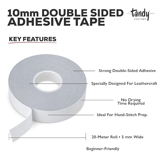 Tandy Leather Tanner's Bond Adhesive Tape - Mess Free Alignment for Stitching and Sewing Projects - Thin Double Sided Tape for Precise Leathercraft Work - 10 mm x 20 m