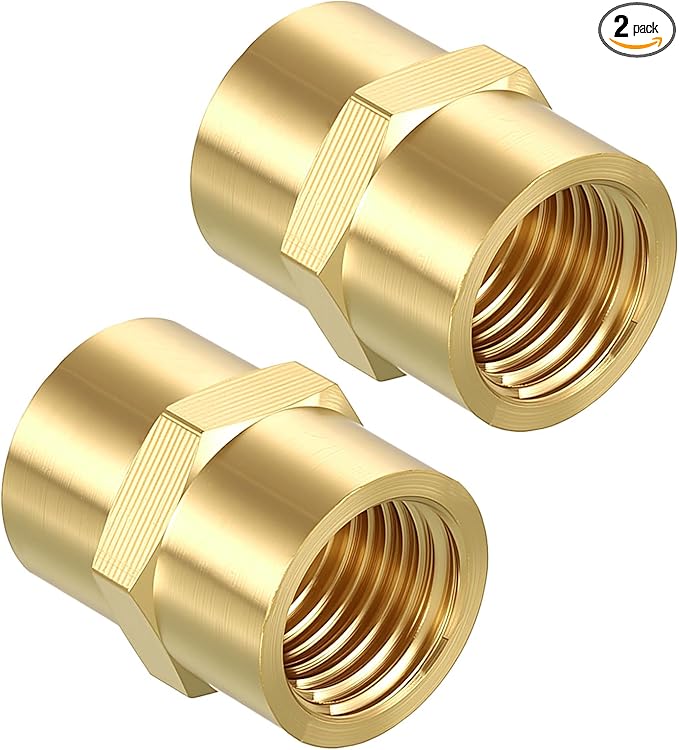 Pack of 2, 1/4" FeMale NPT to 1/4" FeMale NPT Solid Brass Pipe Fitting Coupler, Brass Coupling Hose Fittings Adapter for Pipe Leak Repair, Bathroom Remodeling, Tool Extensions