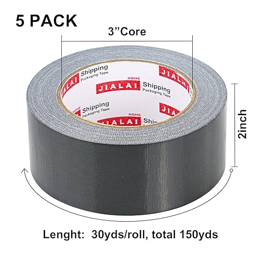 JIALAI HOME Black Heavy Duty Duct Tape, 2 inches x 30 Yards - 5 Pack, 8.27 mil Thickness, Strong, Flexible, No Residue, All-Weather and Tear by Hand - Bulk Value for Repairs