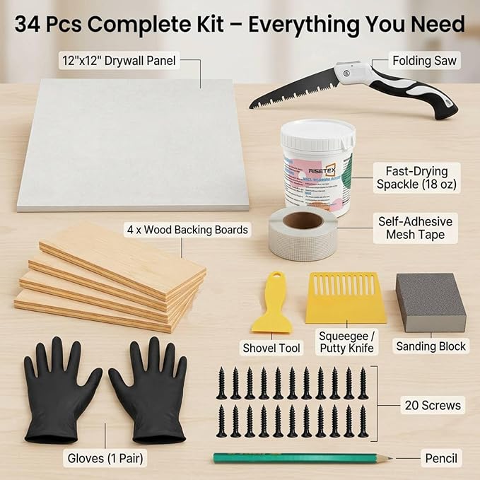 Drywall Repair Kit，34 Pcs 12x12inch Wall Patch Kit with Saw& Wood Boards，Drywall Patch Kit for Large Holes，Sheetrock Repair Kit for Cracks, Dents & Nail Holes-Quick & Easy Wall Surface Repair Solution