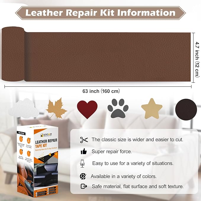 Leather Repair Tape, 4.7x63 inch Leather Patches for Furniture, Self Adhesive Leather Repair Patch for Sofas, Couches, Leather Covers, Seats, Chairs, Vinyl Repair Tape Black