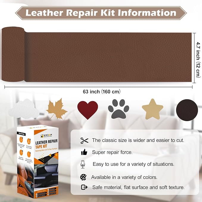 Leather Repair Tape, 4.7x63 inch Leather Patches for Furniture, Self Adhesive Leather Repair Patch for Sofas, Couches, Leather Covers, Seats, Chairs, Vinyl Repair Tape White