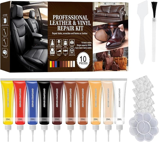RQB Leather Repair Kit – 10-Color DIY Leather & Vinyl Repair for Furniture, Car Seats, Jackets, Bags & Shoes – Easy Color Match, Complete Tools Included
