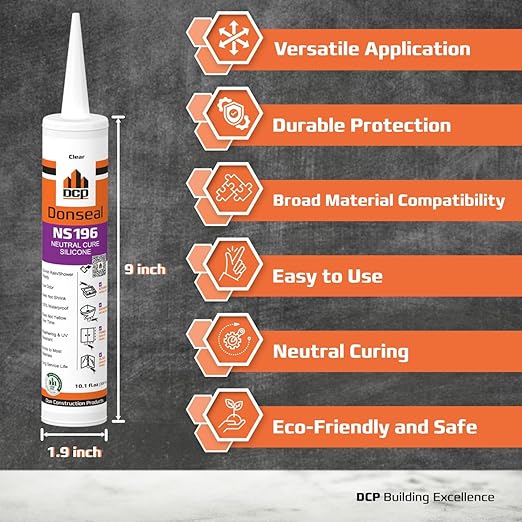 DCP Donseal NS196 Silicone Caulk Sealant 1 Pack – 100% Silicone Tube for Bathroom, Kitchen, Outdoor, Bathtub and Window Seal, 10.1 fl oz – Clear