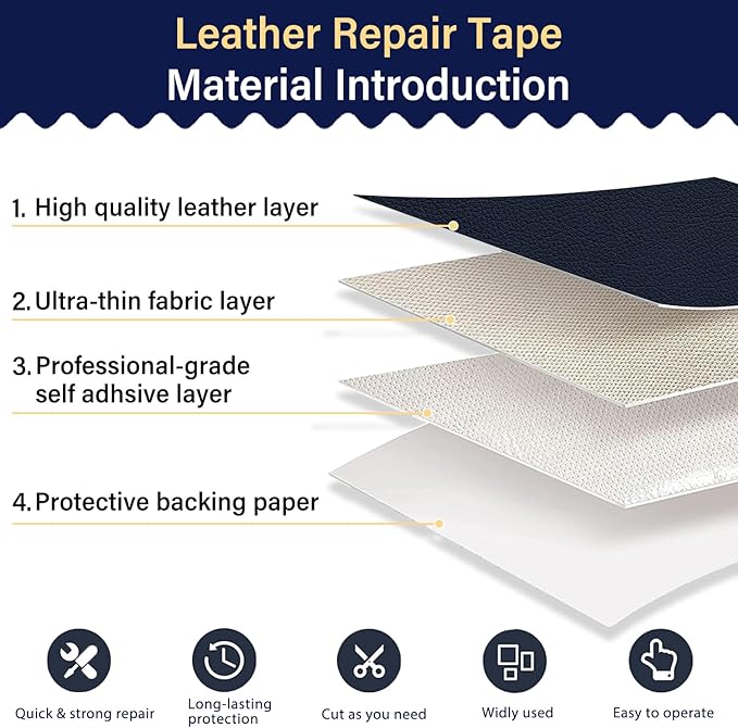 Zenyao Leather Repair Patch Tape - Self Adhesive Leather Repair Kit for Car Seat Furniture, Heavy Duty Vinyl Repair Patch for Couch Sofa, Waterproof Fix for Tears, 3x60 Inch Roll, Navy Blue