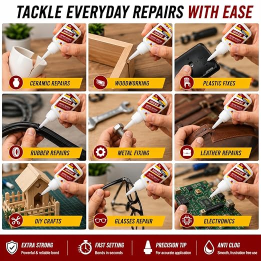 Super Glue, Extra Strong Fast-Drying Cyanoacrylate Adhesive, Large 0.9 oz Bottle with Anti-Clog Precision Tip, Instant Glue for Wood, Metal, Plastic, Ceramic, Rubber, Leather DIY Repairs (25g)