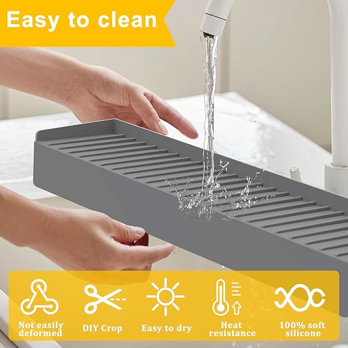 Silicone Sink Edge Protectors - Multifunction Accessories, Splash Guard & Draining Mat for Kitchen, Bathroom Sink, Steel, Granite, Quartz Countertops (Gray, 4 * 24in)