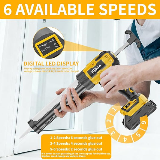 Cordless Caulking Gun Compatible with Dewalt 20V Max Battery,10 OZ Electric Caulk Gun with LED Light, LCD Display, 6 Adjustable Speeds for Floor, Wall Tile Filling, Yellow (No Battery)