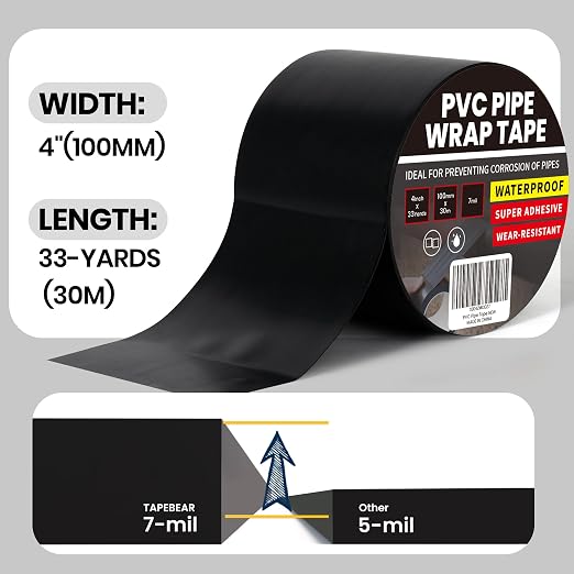 TAPEBEAR Corrosion Protection PVC Pipe Tape, 4Inch x 33Yard Black Duct Pipe Wrap Waterproof Corrugated Pipe Tape for Drain Tile, Metal Electrical Outdoor Underground Water Hose Pipe, 7mil Thick