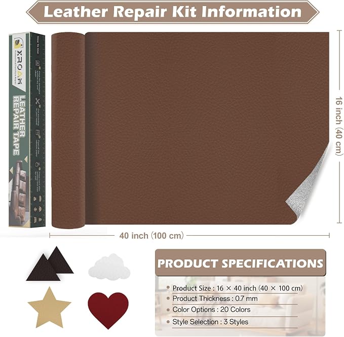 Leather Repair Tape, 16x40 inch Leather Patches for Furniture, Self Adhesive Leather Repair Patch for Sofas, Couches, Leather Covers, Seats, Chairs, Vinyl Repair Tape Retro Dark Gray