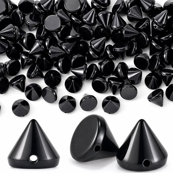 OIIKI 100 PCS 8mm ABS Bullet Spike Cone Studs, Glossy Black | Rivets Cone Spike Studs Beads, Flat Back Punk Spikes DIY Crafts Studs Glue on Decoration for Clothing Leather Belt Bag Trims