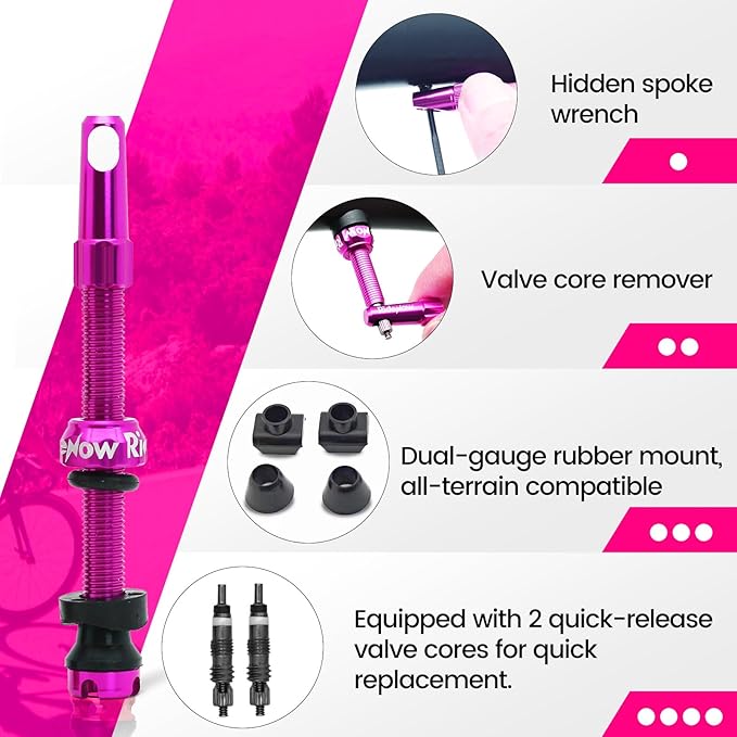 RideNow Tubeless Presta Valve Stems, 65mm Super Light 7075 Aluminum Alloy Presta Tubeless Valve Stem Kit with Valve Core Remover Tool and Valve Stem Caps, Multiple Color and Size Options(Pair), Purple