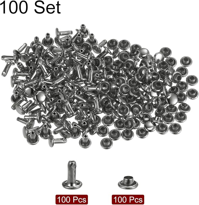 HARFINGTON 100 Sets Leather Rivets 8 x 6mm Metal Double Cap Rivet Snaps Studs Fasteners with 3pcs Setting Tools Rivets for Leather Craft DIY Repair Decoration, Gunmetal