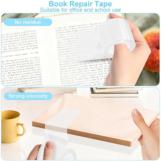 Engorgio Clear Strong Waterproof Adhesive Archival Safe Book Repair Tape 2pcs, 2Inch x 16.5Ft - Removable Book Binding Tape for Old Books, Broken Pages, Textbook Spine & Library Repair Supplies.