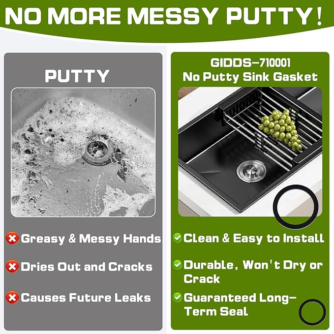 GIDDS-710001 Sink Gasket with Adhesive, No Putty Sink Gasket 3-3/8" (4 Pack), Self-Adhesive Kitchen Sink Drain Seal Replacement Fits All Standard Drain Attachments, Durable Leak-Free Rubber Gasket