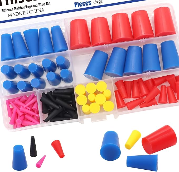 Tnisesm 105Pcs 1/16" to 5/8" Silicone Rubber Tapered Plug Assortment Kits for Masking Off Holes During Powder Coating, Painting, Hydro Dipping, Media Blasting