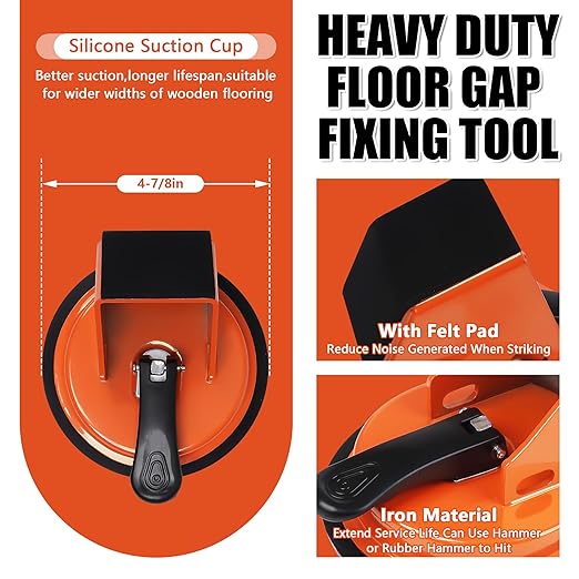 Floor Gap Fixer Tool 45°&90°Striking Surfaces Floor Gap Repair Tool Made of Iron & Enhanced Suction Cup with Slot Cutter and 5pcs Sticky Pads for Fixer Laminate/Vinyl Flooring Tools (Orange)
