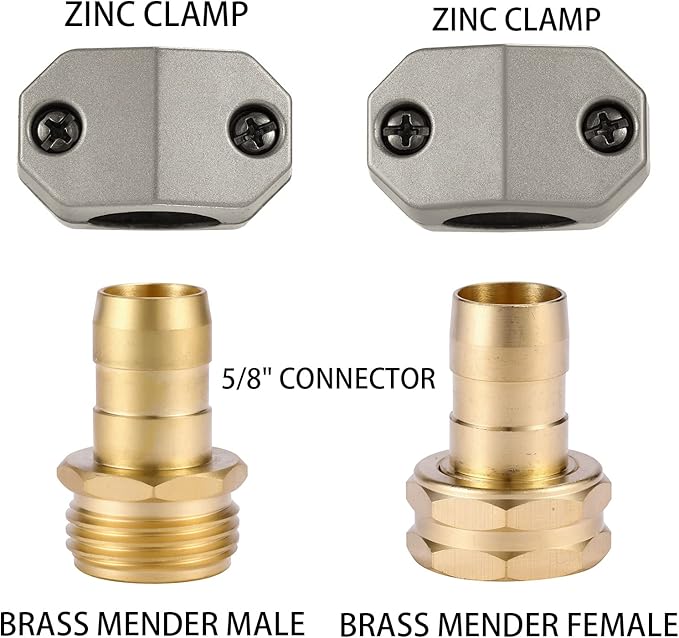 Garden Hose Repair Connector Fitting, Brass Mender Female and Male Hose End Connector with Zinc Clamp, Fit 5/8-Inch and 3/4-Inch Garden Hose, 2 Sets