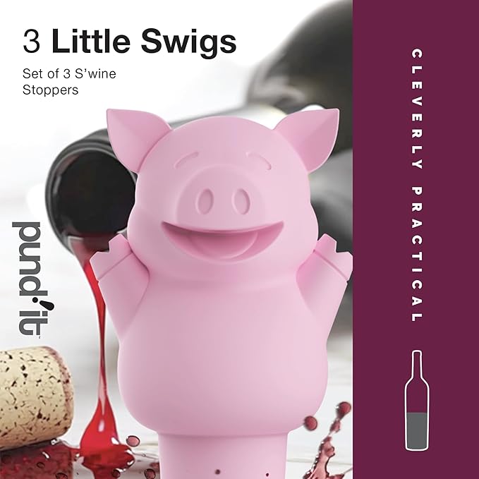 Pund'it 3 Little Swigs Wine Bottle Stoppers, Set of 3 Pig Silicone Champagne and Wine Corks