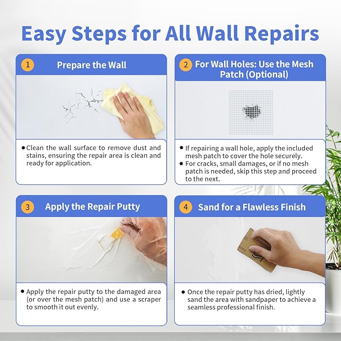 YKF Drywall Repair Kit (18 oz) - Spackle Paste with Scraper & 2X Self-Adhesive Patches (4") - Quick Dry, Waterproof Mending Agent for Large Holes, Plaster (White)