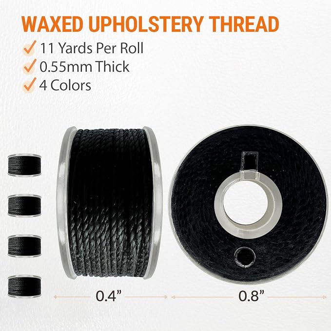 VONEEDL Heavy Duty Sewing Needles (11 PCS) & Waxed Thread (Black Color - 4 Rolls) - Upholstery Repair Kit for Leather, Canvas, Quilting & More