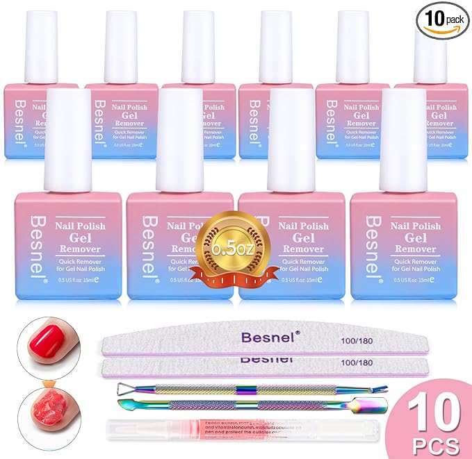Gel Nail Polish Remover 10 Pack Professional Gel Polish Remover Non-Irritating Quick Easy, Nail Polish Gel Remover Tools Kit Nail File Cuticle Pusher File Grit, No Need For Foil Soaking Or Wrapping