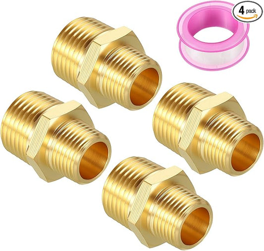 Pack of 4, 1/2" MNPT to 3/8" MNPT Solid Brass Hex Nipple Hose Connectors W/Sealing Tape, Male Pipe Adapter for Pipe Leak Repair, Bathroom Remodeling, Tool Extensions, Compression