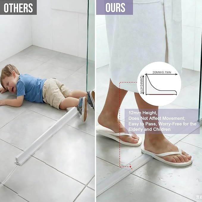 Shower Threshold Water Dam Barrier - Versatile, Silicone Shower Water Guard Stopper Seal Strip for Bathroom Floor, Bathtub Rim, Kitchen Countertop (Transparent, 59 In/ 1.5M)