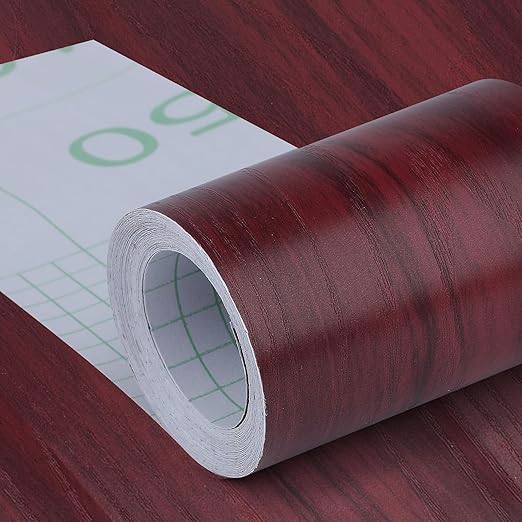 4" X33' Size Realistic Wood Grain Repair Tape, Self Adhesive Wood Grain Repair Patch for Tables, Chairs, Doors, Windows, Floors, Furniture Renovation, Handicraft DIY. & Plastic Scraper. Red Wood