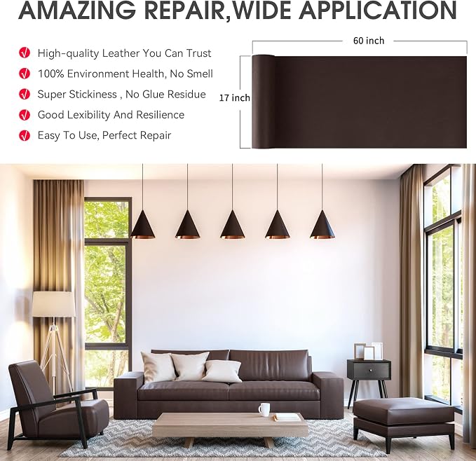 Leather Repair Patch Tape, 17x60 inch Large Self Adhesive Leather Repair,Vinyl Repair Patch Kit for Couches, Car Seats, Chairs, Furniture 17X60 inch, Dark Brown