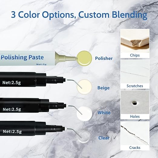 Quartz Countertop Repair Kit (Clear, White, Beige) Granite & Marble Repair Kit, 30s Quick-Drying Repair Chip for Edge Chips, Cracks, Scratches and Holes on Ceramic Tile, Bath Tub, Sink and Other Stone Surfaces - Pro Surface Repair