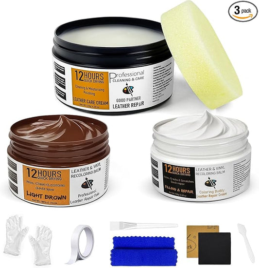 12H Quick-Dry Leather Repair Kit with 3.53Oz Leather Recoloring Balm, Filler & 4.23Oz Conditioner & Cleaner, 3-in-1 Vinyl Repair Set for Couch, Car Seat, Jacket, Shoes, Faux Leather, Light Tan/Brown