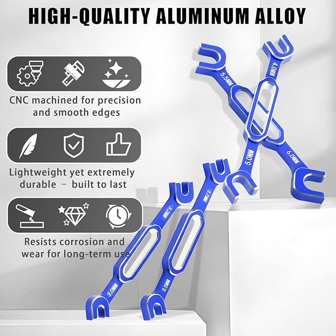 4PCS RC Wrench 3.0/3.2/3.5/3.7/4.0/5.0/5.5/6.0mm Turnbuckle Nut Ball Joint Remover Aluminum Alloy RC Car Repair Tool For RC Crawler Monster Truck Off Road Car Drone Boat Upgrade Parts, Blue