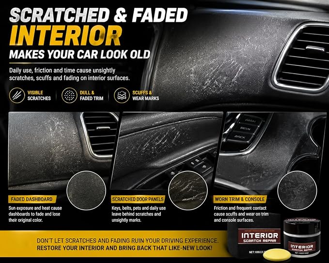 Car Interior Scratch Remover Wax – Dashboard & Leather Repair, 100g | Restores faded plastic and vinyl trim. Fills scuffs and wear marks. Complete DIY kit with sponge for auto renewal