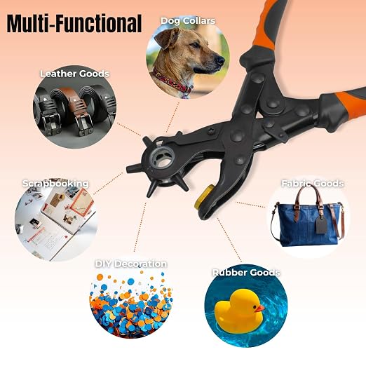 Adorox Heavy Duty Quality & Professional Design Revolving Hole Punch Pliers Kit – with Steel Ruler & File, Puncher with 6 Hole Sizes for Belts, Watch Straps, Saddles, Shoes & DIY Crafts